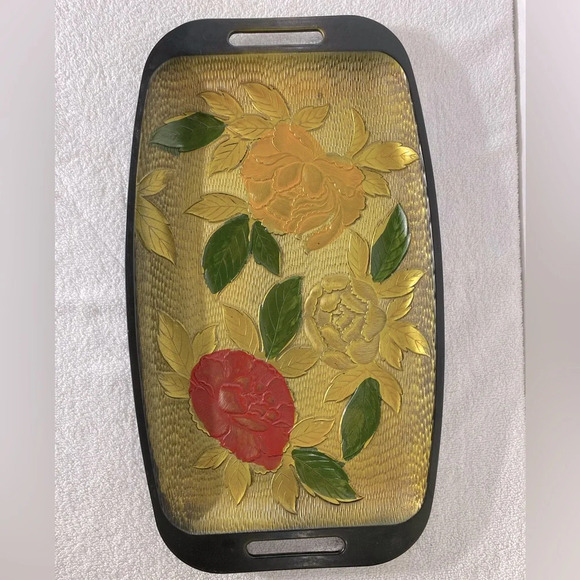 Vintage Nasco Lacquerware Textured Peony Serving Tray - Picture 1 of 13